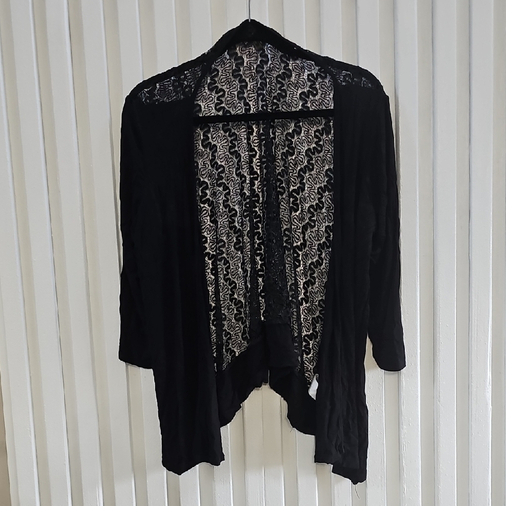 Elegant Black Lace Women's Sweater De Portfolio Size 2X  Sleeve 3/4  Hi Low Hem